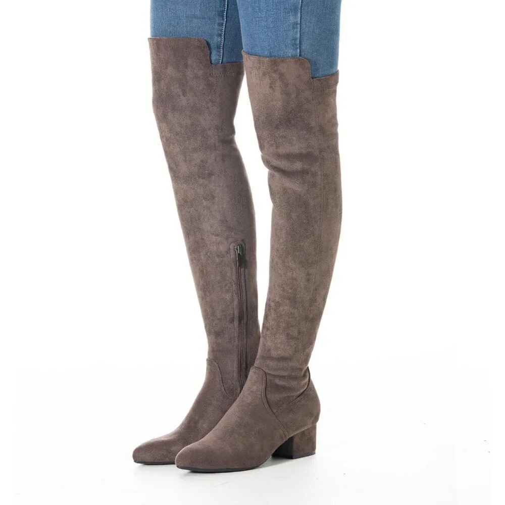 Women Chocolate 2Inch Faux Suede Over The Knee Thigh High Low Block Heel Boot